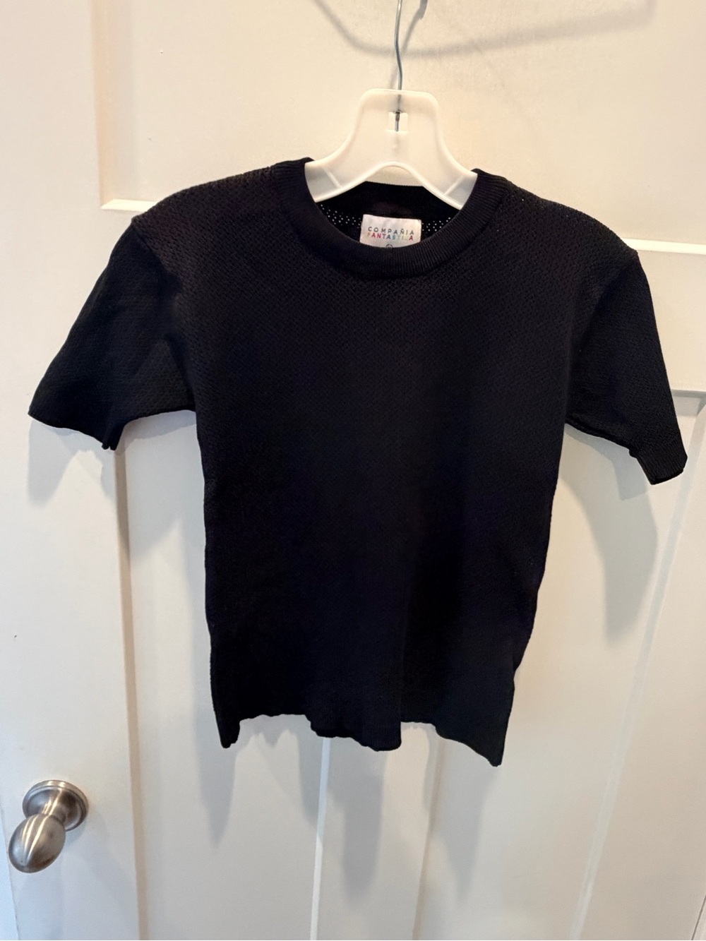Compania Fantastica Black Textured Top Medium Minimalist Short Sleeve Sweater